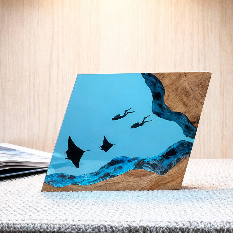 Handmade Resin Lamp with Manta Ray & Diver Night Light for Home Decor