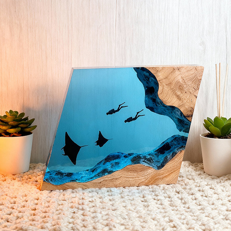 Handmade Resin Lamp with Manta Ray & Diver Night Light for Home Decor
