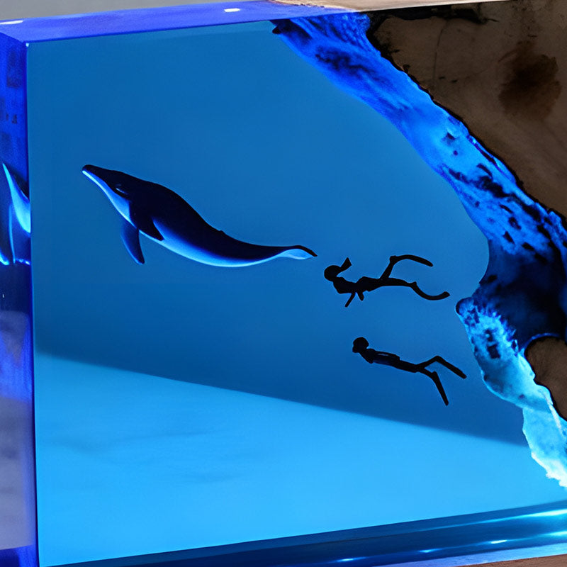 Orca & Diver Resin Wood Lamp Handcrafted Marine Art Night Light for Home Decor