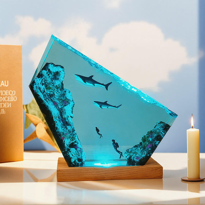 Shark & Diver Ocean Resin Lamp Handmade Underwater Night Light for Kids' Room