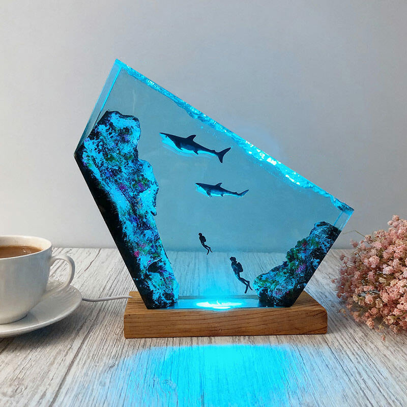 Shark & Diver Ocean Resin Lamp Handmade Underwater Night Light for Kids' Room