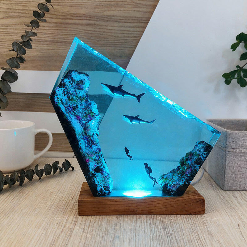 Shark & Diver Ocean Resin Lamp Handmade Underwater Night Light for Kids' Room