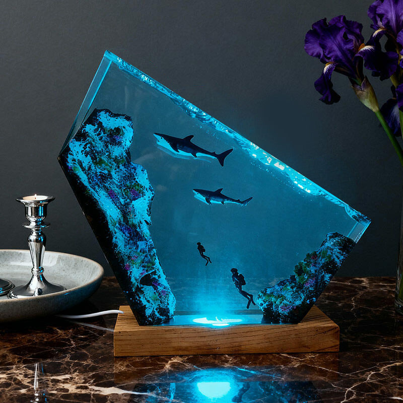 Shark & Diver Ocean Resin Lamp Handmade Underwater Night Light for Kids' Room