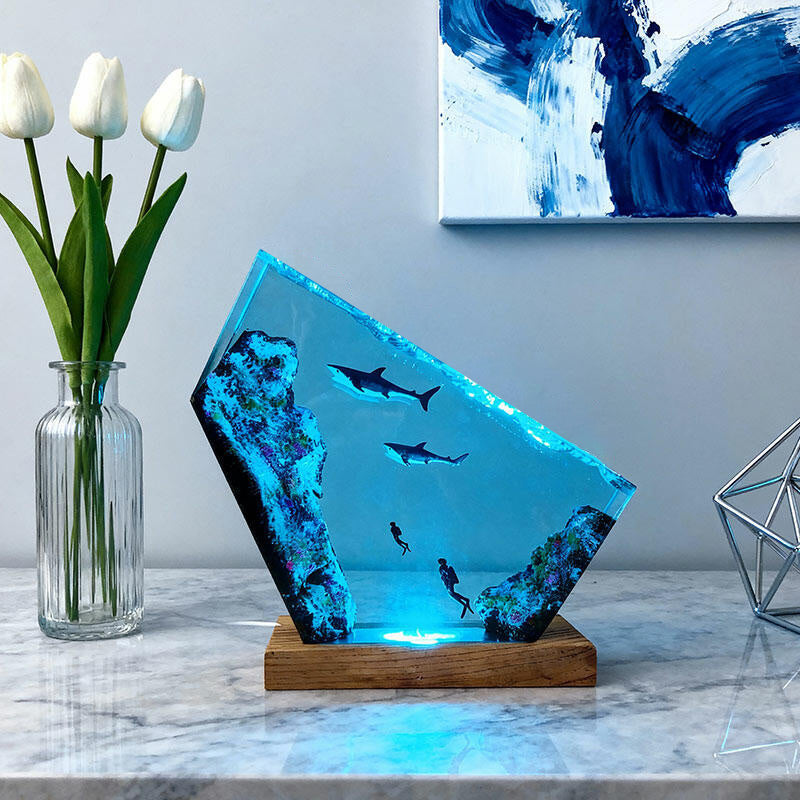 Shark & Diver Ocean Resin Lamp Handmade Underwater Night Light for Kids' Room