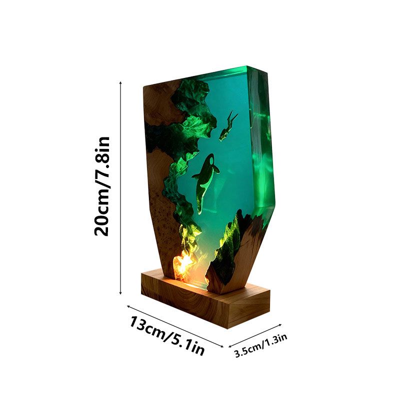 Midnight Orca & Diver Irregular Resin Wood Lamp - ORYNAVA Ocean Art Decor Gift