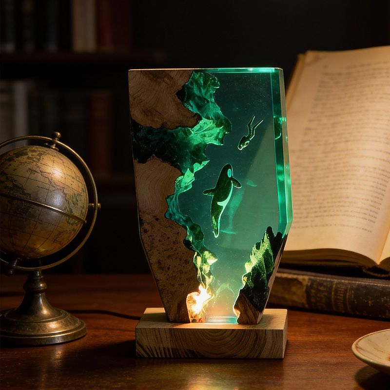 Midnight Orca & Diver Irregular Resin Wood Lamp - ORYNAVA Ocean Art Decor Gift