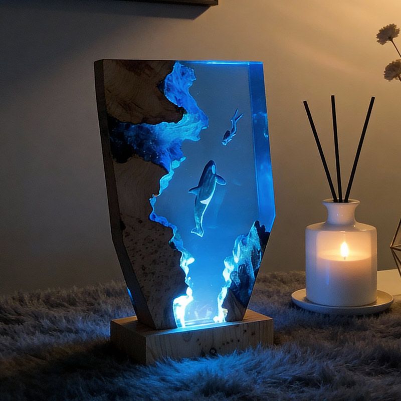 Midnight Orca & Diver Irregular Resin Wood Lamp - ORYNAVA Ocean Art Decor Gift