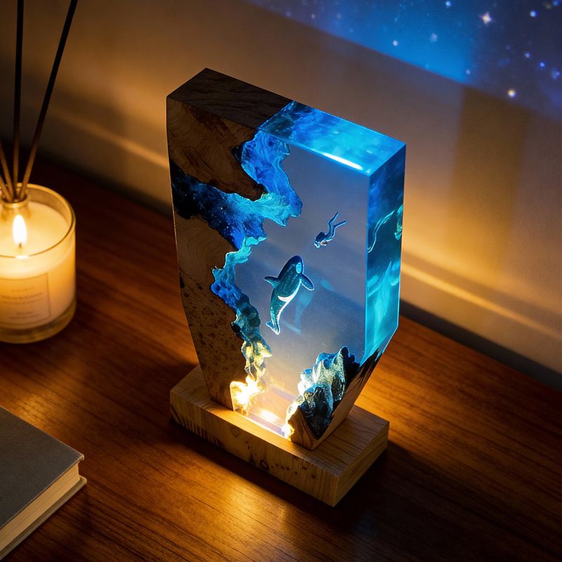 Midnight Orca & Diver Irregular Resin Wood Lamp - ORYNAVA Ocean Art Decor Gift