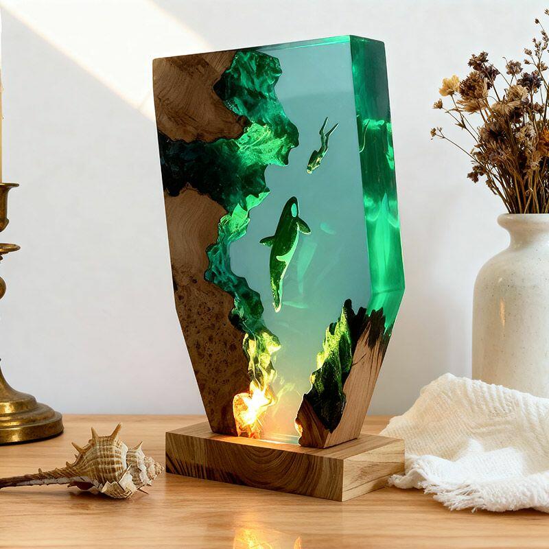Midnight Orca & Diver Irregular Resin Wood Lamp - ORYNAVA Ocean Art Decor Gift