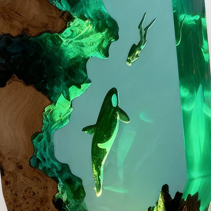 Midnight Orca & Diver Irregular Resin Wood Lamp - ORYNAVA Ocean Art Decor Gift