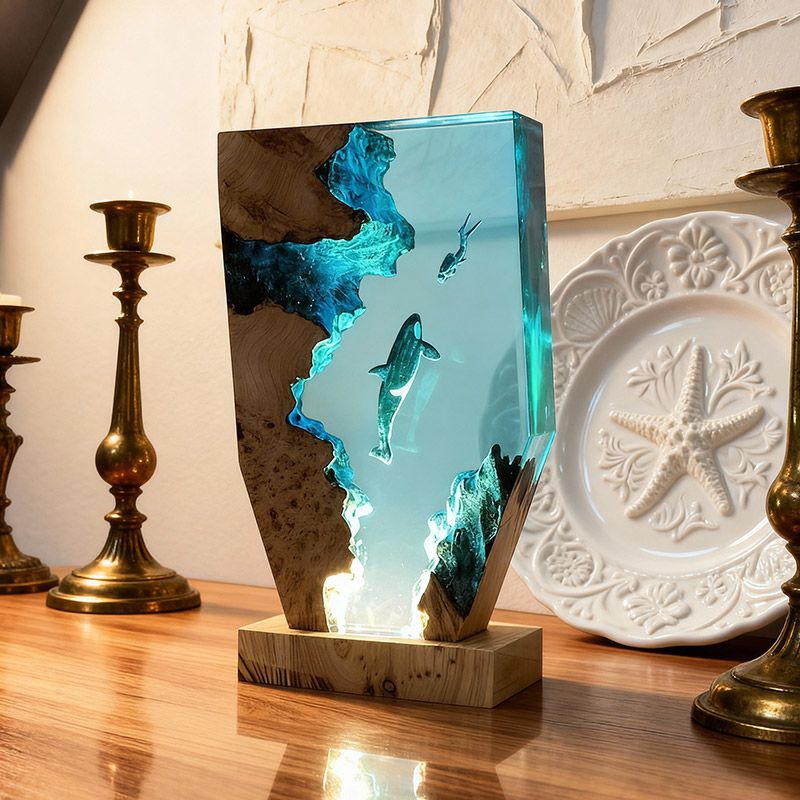 Midnight Orca & Diver Irregular Resin Wood Lamp - ORYNAVA Ocean Art Decor Gift