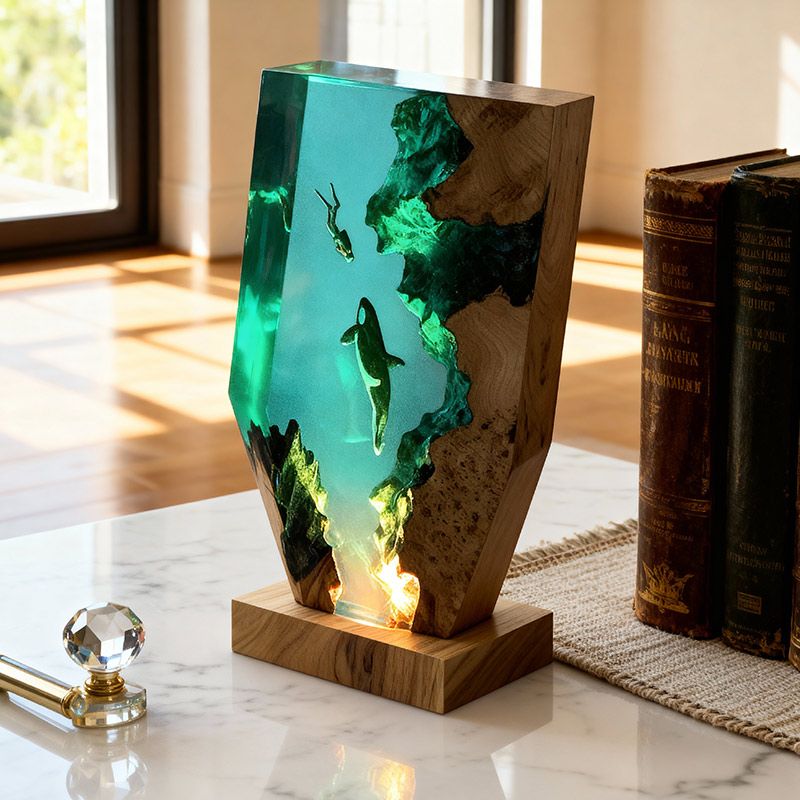 Midnight Orca & Diver Irregular Resin Wood Lamp - ORYNAVA Ocean Art Decor Gift