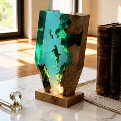 Midnight Orca & Diver Irregular Resin Wood Lamp - ORYNAVA Ocean Art Decor Gift