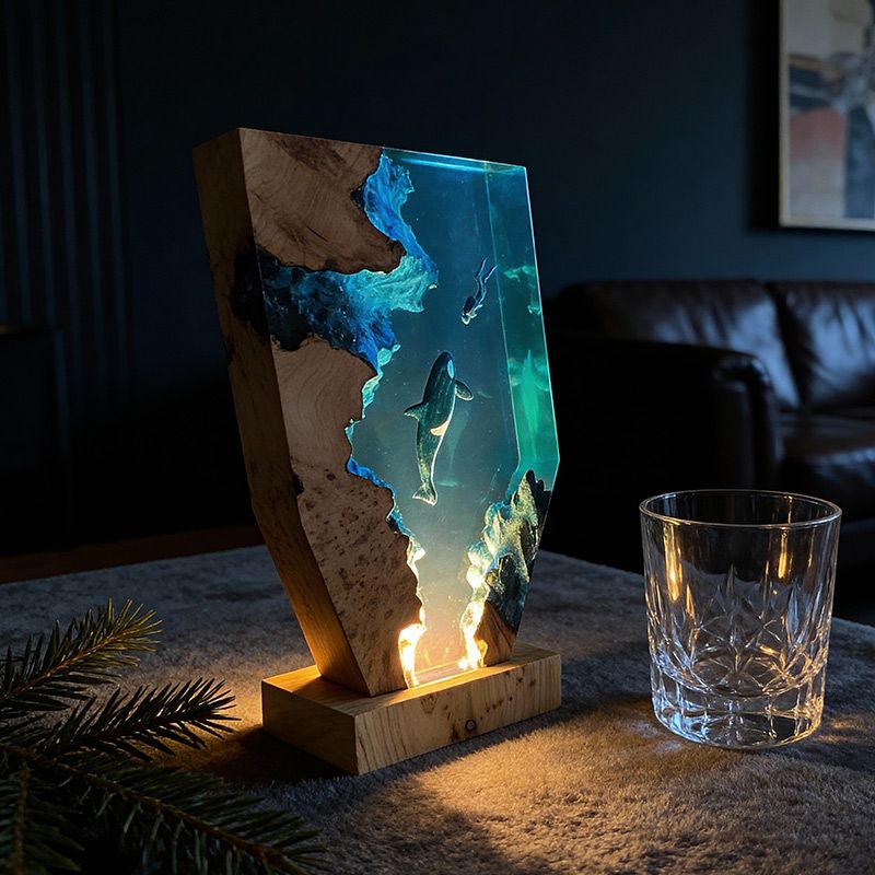 Midnight Orca & Diver Irregular Resin Wood Lamp - ORYNAVA Ocean Art Decor Gift