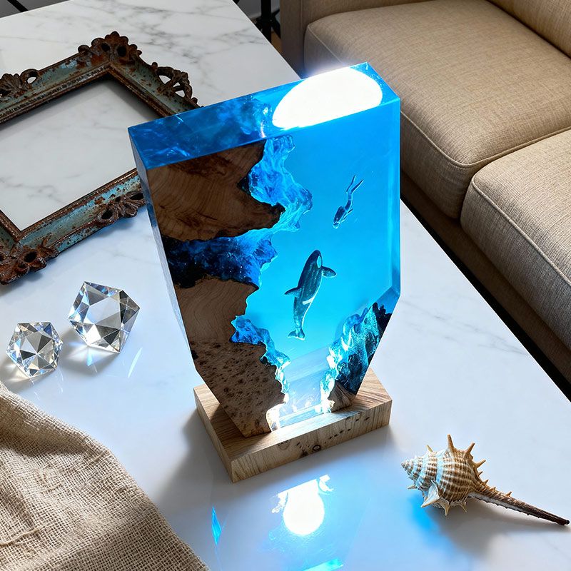 Midnight Orca & Diver Irregular Resin Wood Lamp - ORYNAVA Ocean Art Decor Gift