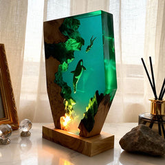 Midnight Orca & Diver Irregular Resin Wood Lamp - ORYNAVA Ocean Art Decor Gift