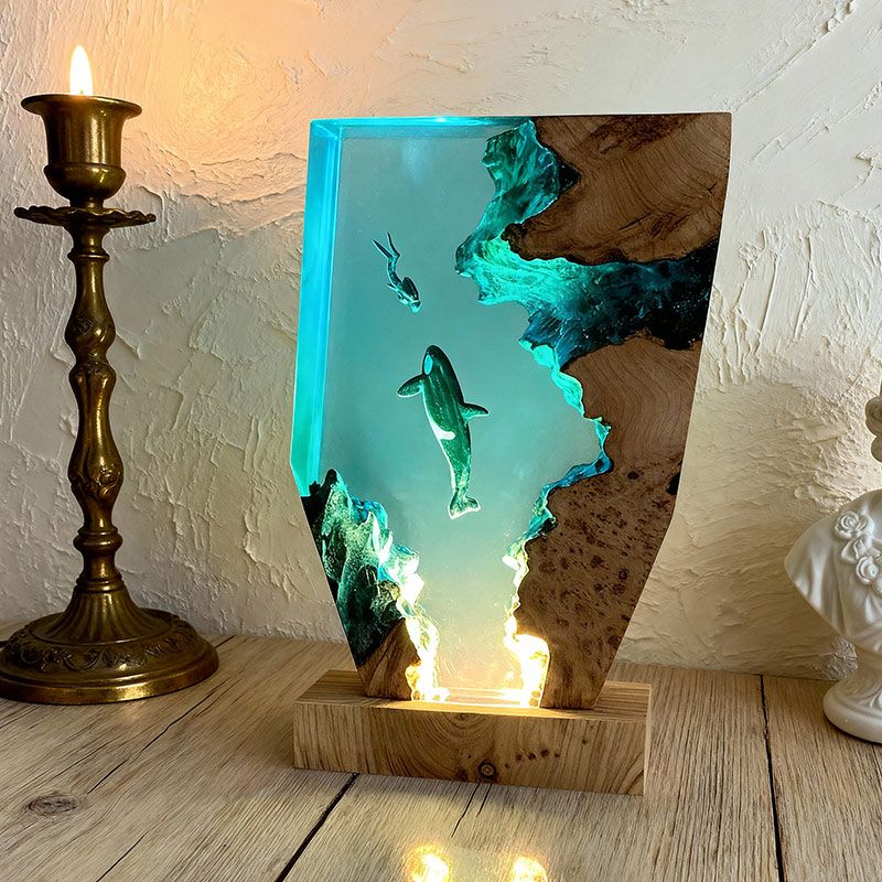 Midnight Orca & Diver Irregular Resin Wood Lamp - ORYNAVA Ocean Art Decor Gift