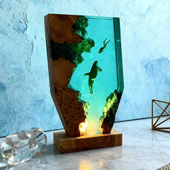 Midnight Orca & Diver Irregular Resin Wood Lamp - ORYNAVA Ocean Art Decor Gift