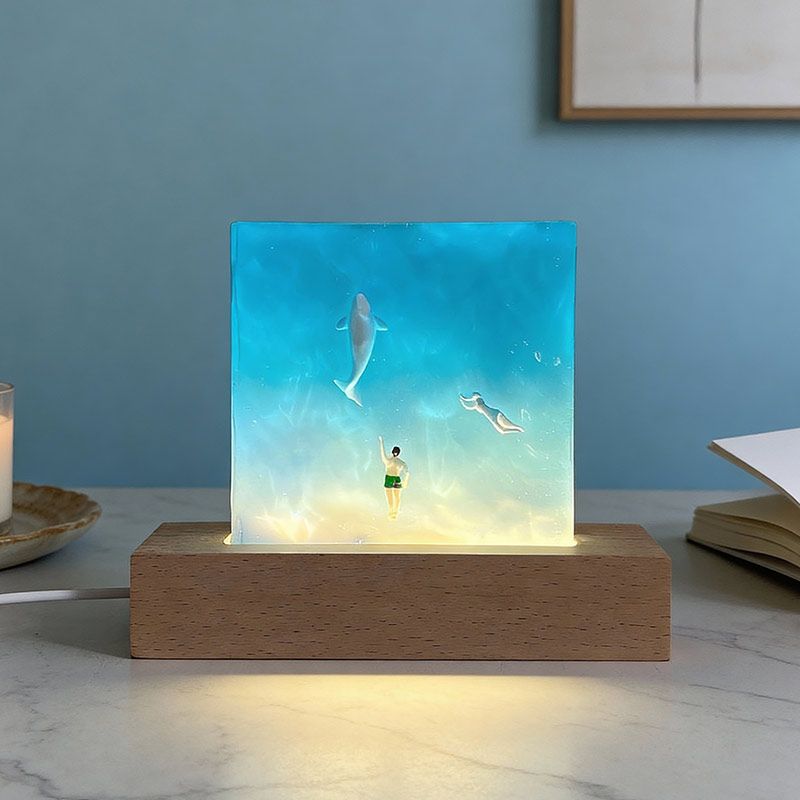 Romantic Blue Sea Love Resin Lamp | Couple with Marine Creatures Night Light Valentine's Gift