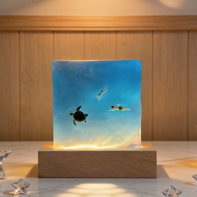 Romantic Blue Sea Love Resin Lamp | Couple with Marine Creatures Night Light Valentine's Gift