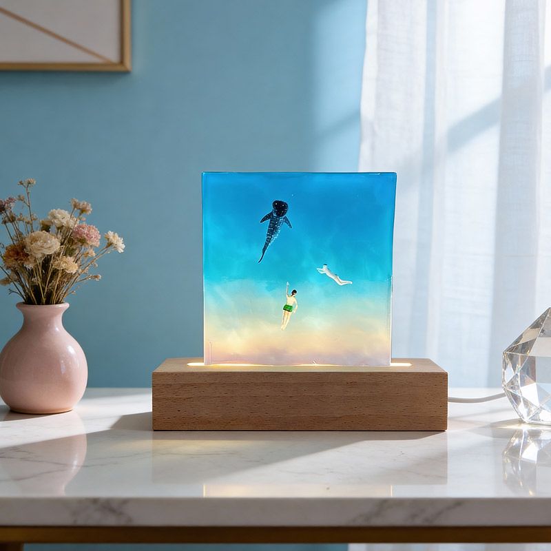 Romantic Blue Sea Love Resin Lamp | Couple with Marine Creatures Night Light Valentine's Gift