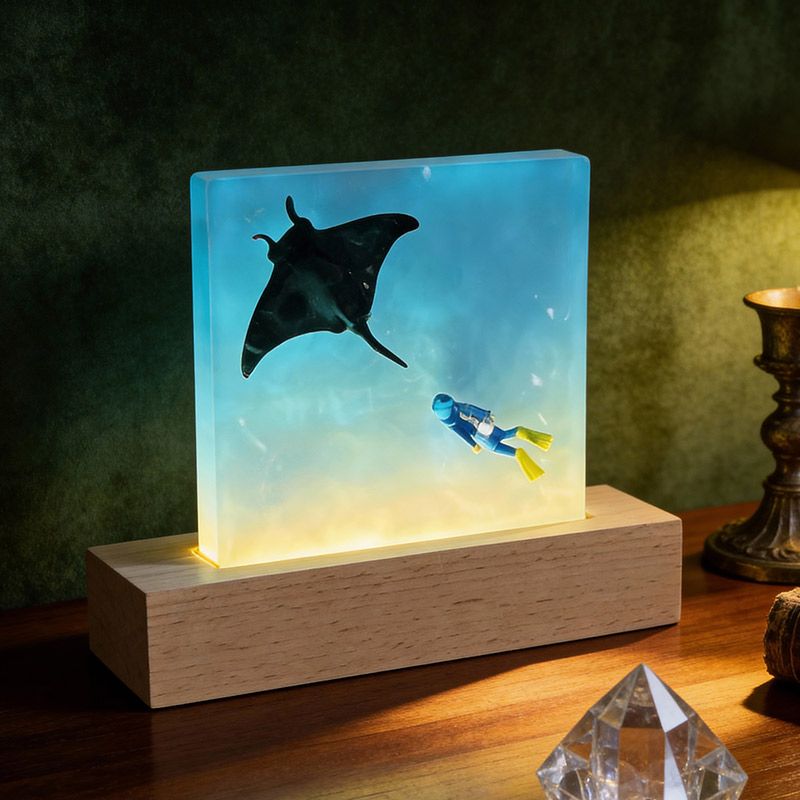 Oceanic Romance Resin Lamp - Manta Ray & Diver Night Light