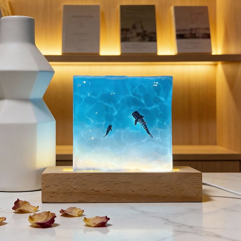 Handcrafted Ocean Blue Resin Lamp | Manta Ray, Jellyfish & Whale Shark Decor