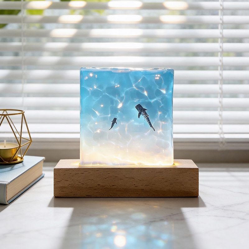 Handcrafted Ocean Blue Resin Lamp | Manta Ray, Jellyfish & Whale Shark Decor