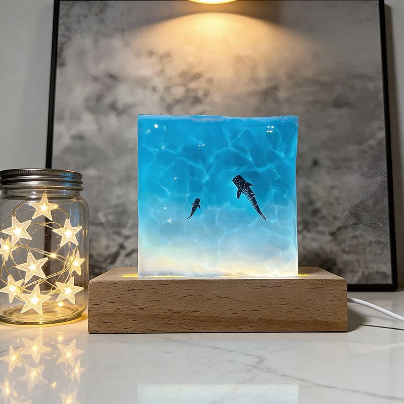 Handcrafted Ocean Blue Resin Lamp | Manta Ray, Jellyfish & Whale Shark Decor