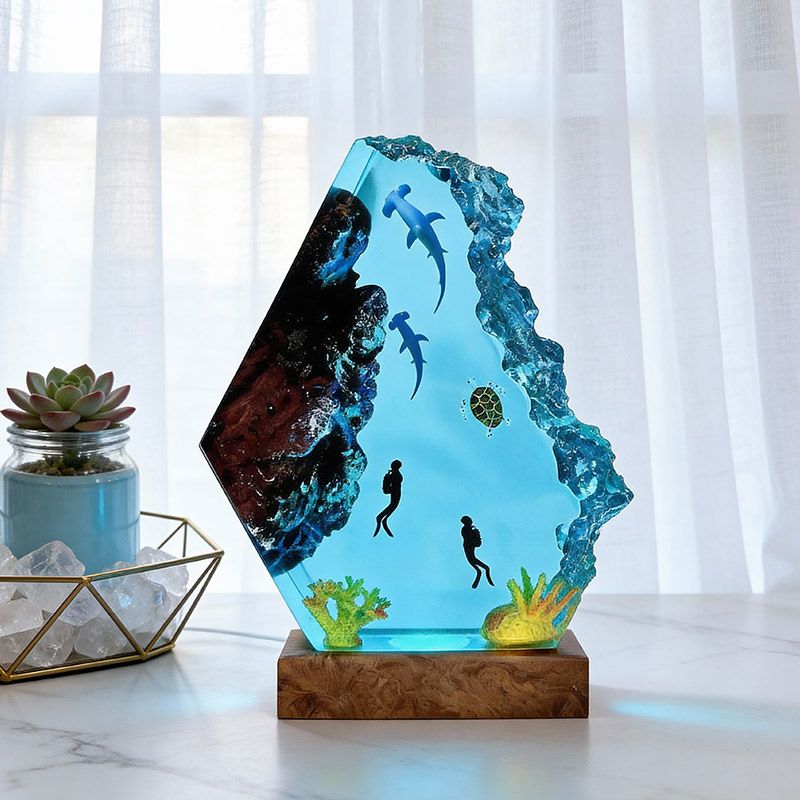 Couple Hammerhead Shark Resin Lamp Artisan Epoxy Wood Night Light Decor