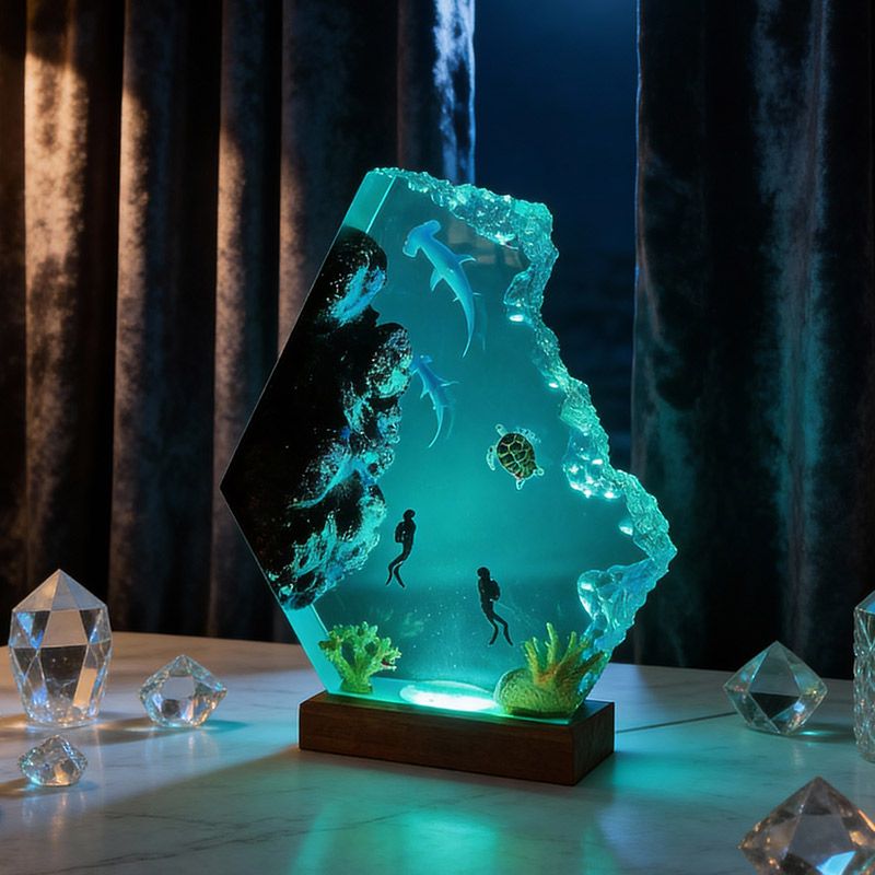 Couple Hammerhead Shark Resin Lamp Artisan Epoxy Wood Night Light Decor