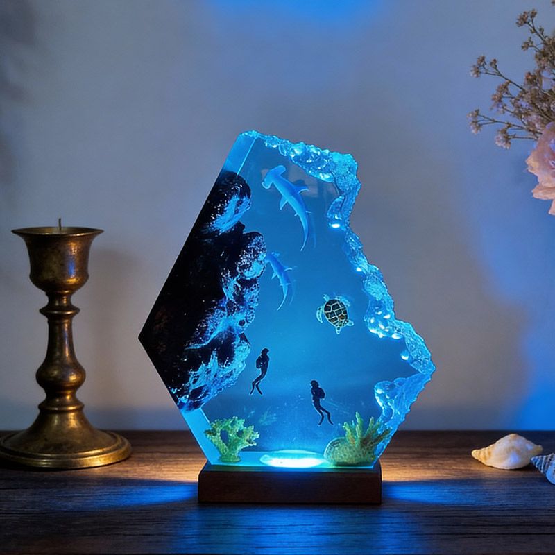 Couple Hammerhead Shark Resin Lamp Artisan Epoxy Wood Night Light Decor