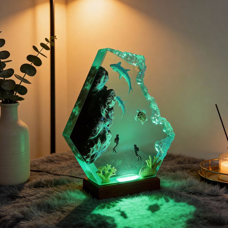 Couple Hammerhead Shark Resin Lamp Artisan Epoxy Wood Night Light Decor