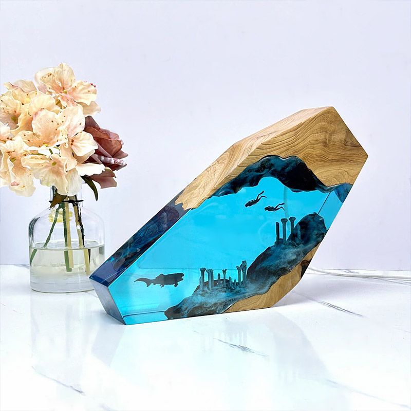 Ocean Divers Resin Wood Lamp Handmade Night Light for Holiday Decor