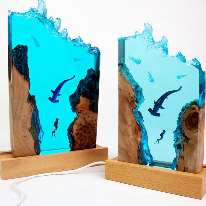 Hammerhead Shark & Diver Resin Art Lamp Captivating Irregular Design for Bedroom