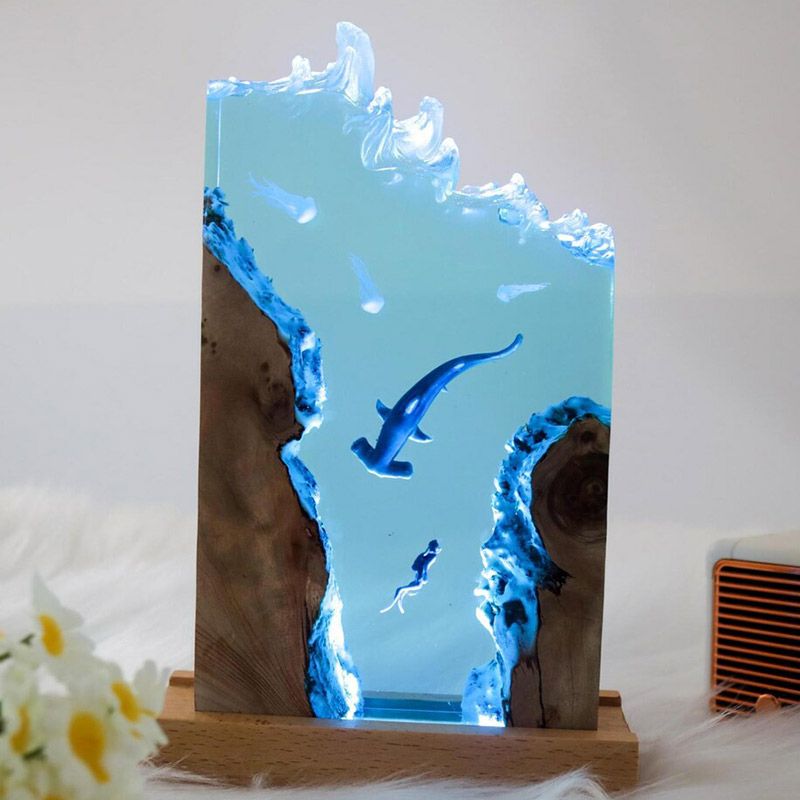Hammerhead Shark & Diver Resin Art Lamp Captivating Irregular Design for Bedroom