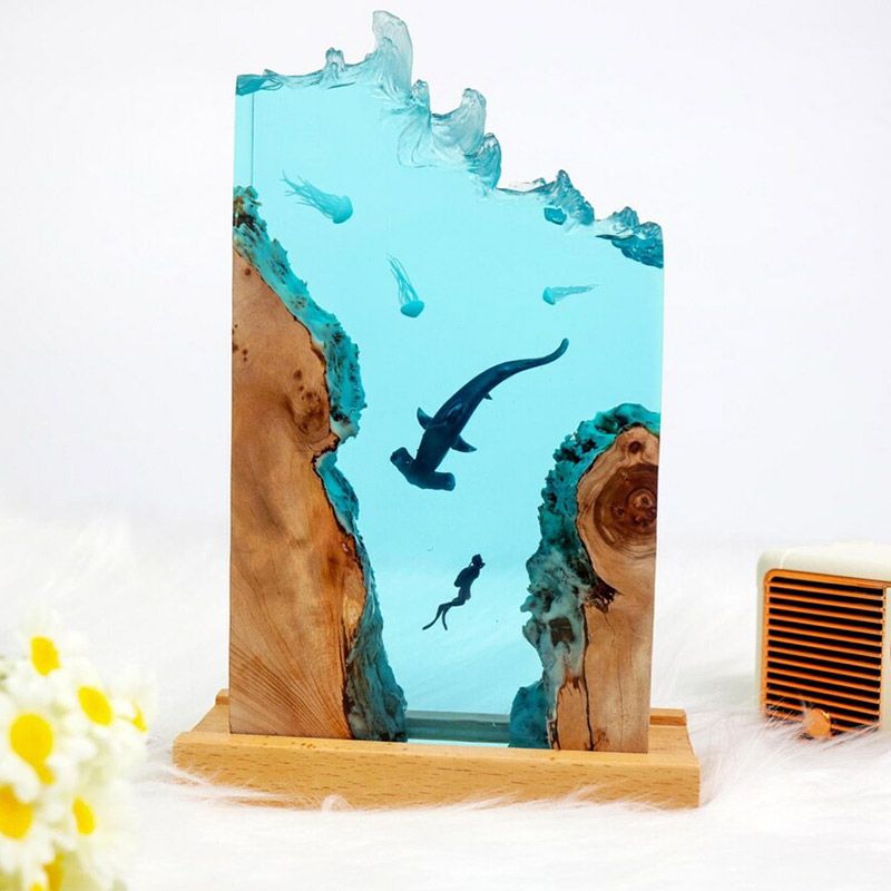 Hammerhead Shark & Diver Resin Art Lamp Captivating Irregular Design for Bedroom