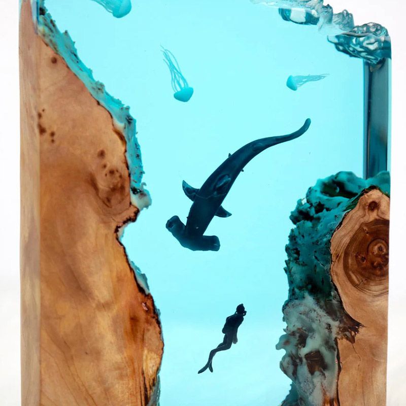 Hammerhead Shark & Diver Resin Art Lamp Captivating Irregular Design for Bedroom