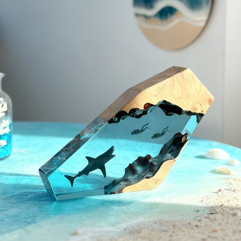 Great White Shark Resin Lamp Couple Diver Maritime Art for Living Room