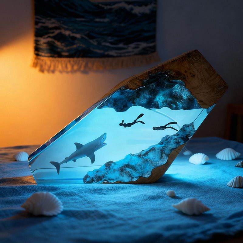 Great White Shark Resin Lamp Couple Diver Maritime Art for Living Room