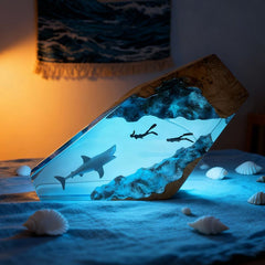 Great White Shark Resin Lamp Couple Diver Maritime Art for Living Room