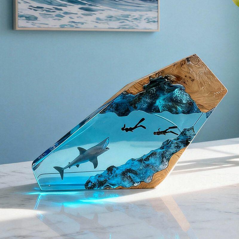 Great White Shark Resin Lamp Couple Diver Maritime Art for Living Room