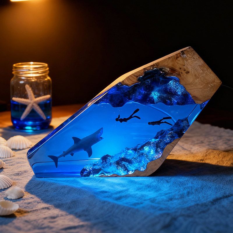 Great White Shark Resin Lamp Couple Diver Maritime Art for Living Room