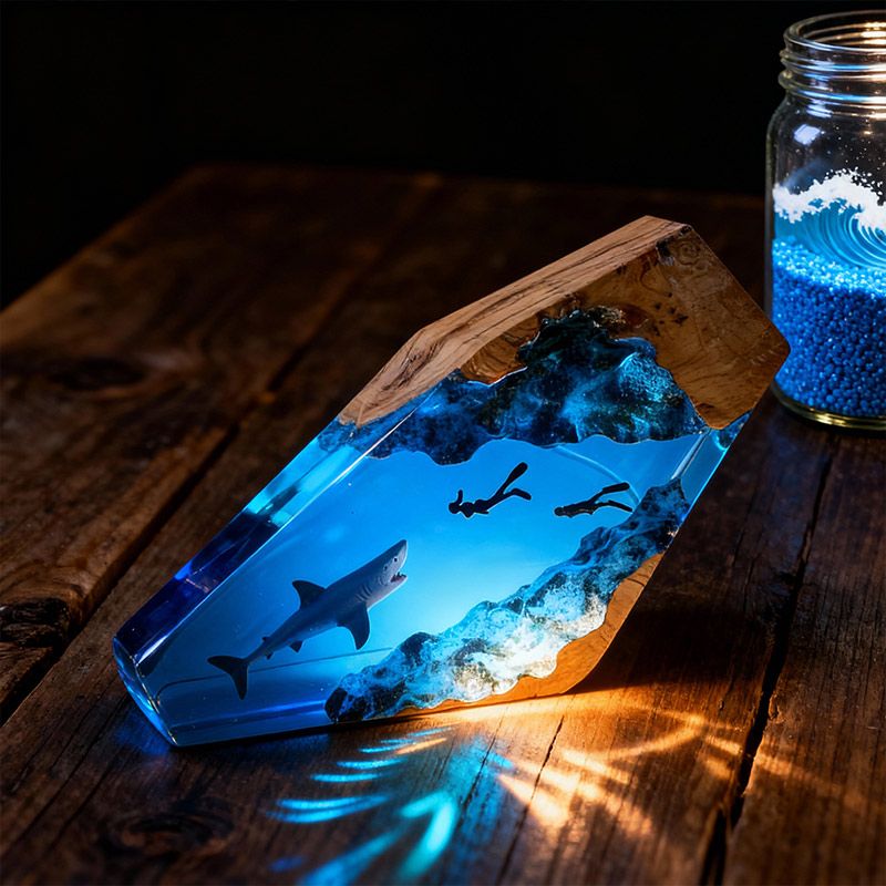 Great White Shark Resin Lamp Couple Diver Maritime Art for Living Room