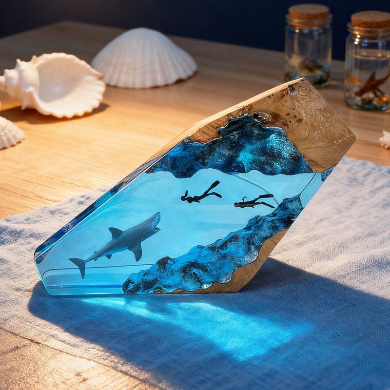 Great White Shark Resin Lamp Couple Diver Maritime Art for Living Room