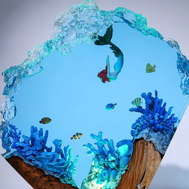 Mermaid Resin Wood Lamp Handcrafted Nautical Bedroom Light