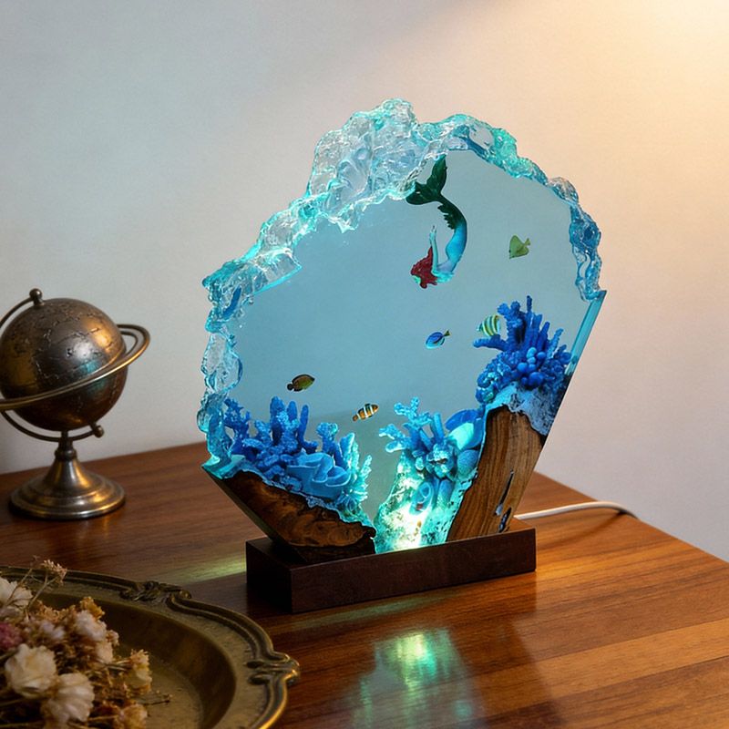 Mermaid Resin Wood Lamp Handcrafted Nautical Bedroom Light