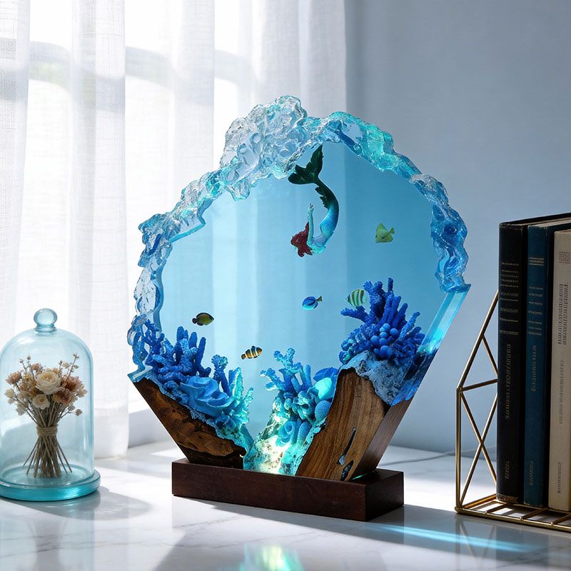 Mermaid Resin Wood Lamp Handcrafted Nautical Bedroom Light