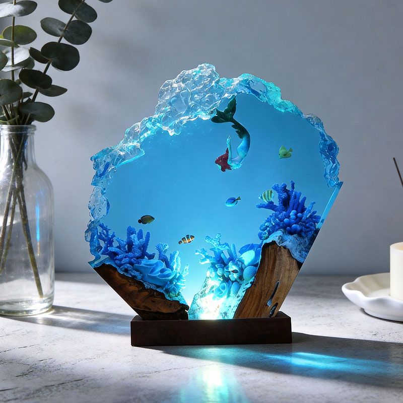 Mermaid Resin Wood Lamp Handcrafted Nautical Bedroom Light