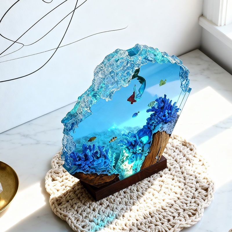 Mermaid Resin Wood Lamp Handcrafted Nautical Bedroom Light